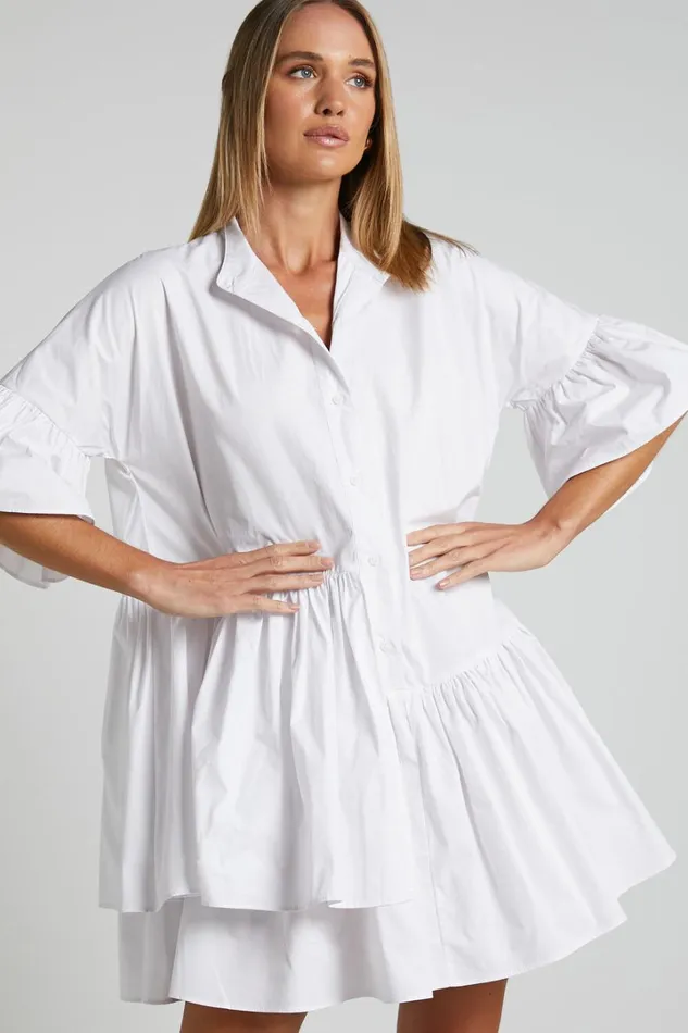 Elowen Mini Dress 8211 Button Up Asymmetrical Tiered Smock Dress In White Women Showpo Maternity Clothes
