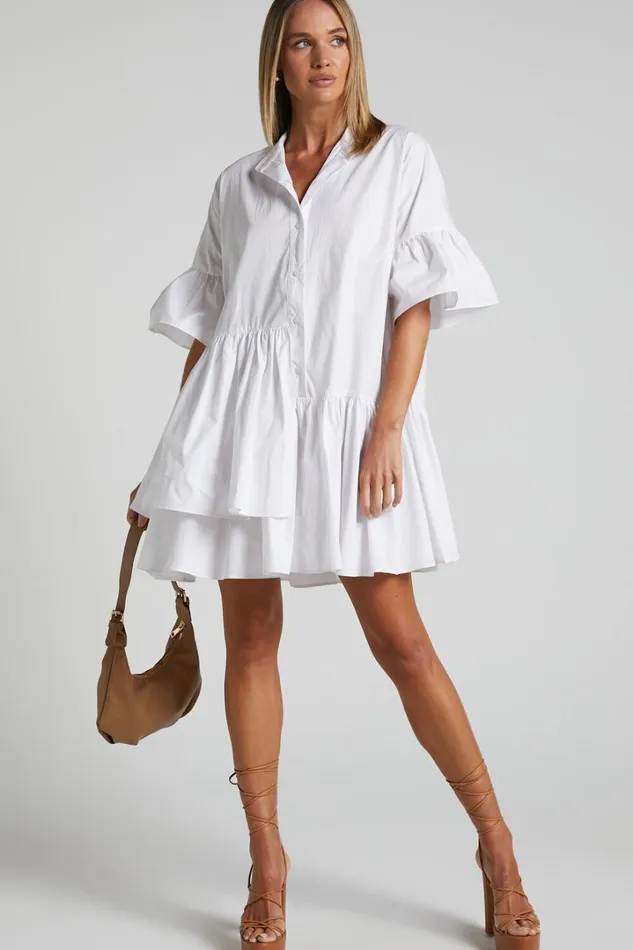Elowen Mini Dress 8211 Button Up Asymmetrical Tiered Smock Dress In White Women Showpo Maternity Clothes