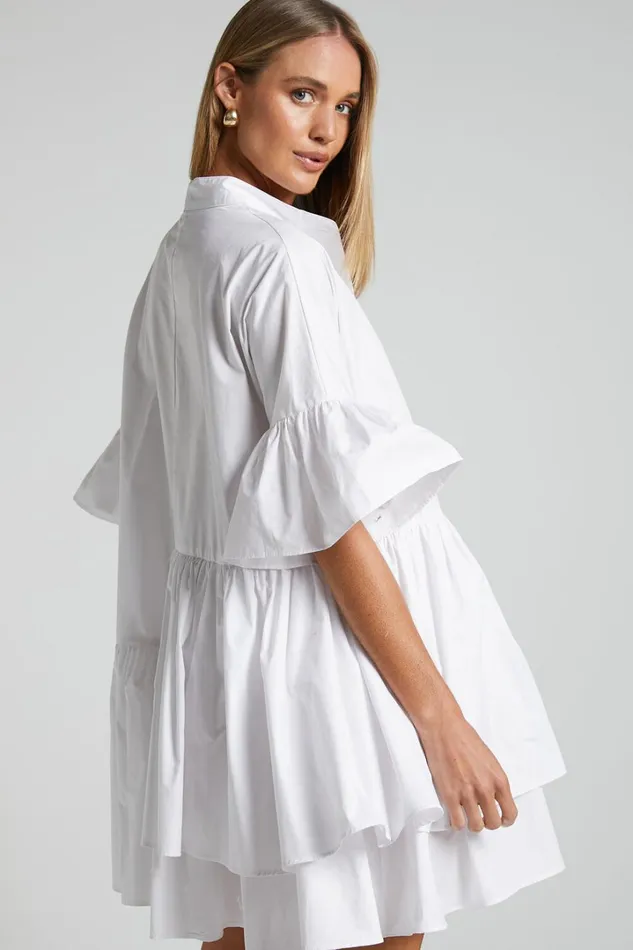 Elowen Mini Dress 8211 Button Up Asymmetrical Tiered Smock Dress In White Women Showpo Maternity Clothes