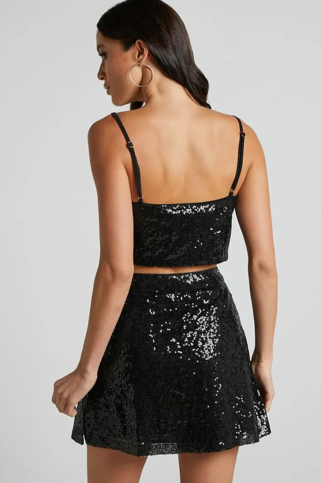 Elswyth Mini Skirt 8211 Side Split Sequin Skirt In Black Sequin Women Showpo Curve Clothes