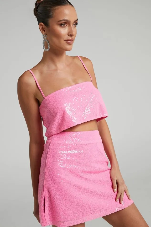 Elswyth Mini Skirt 8211 Side Split Sequin Skirt In Pink Women Showpo Skirts