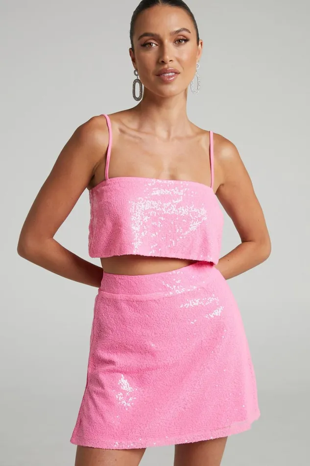 Elswyth Mini Skirt 8211 Side Split Sequin Skirt In Pink Women Showpo Skirts