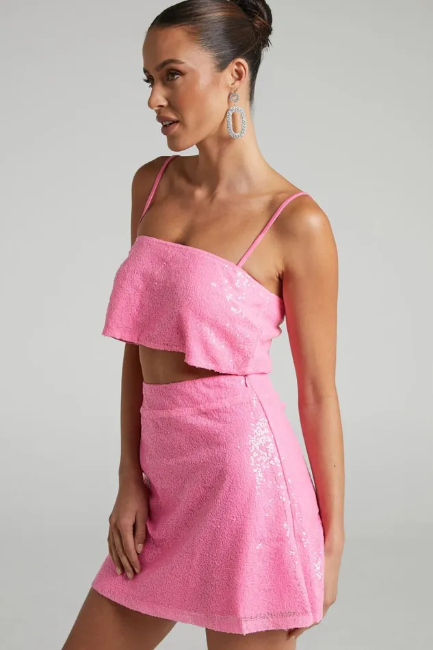 Elswyth Mini Skirt 8211 Side Split Sequin Skirt In Pink Women Showpo Skirts