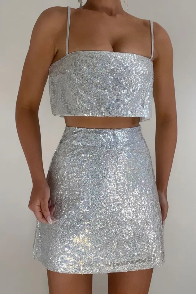 Elswyth Top 8211 Strappy Sequin Crop Cami Top In Silver Women Showpo Tops