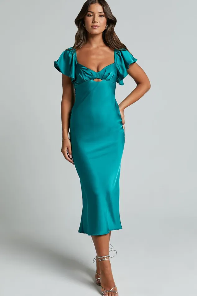 Emberlynn Midi Dress 8211 Flutter Sleeve Cut Out Satin Dress In Teal Women Showpo Dresses Emberlynn Midi Dress 8211 Flutter Sleeve Cut Out Satin Dress In Teal Women Showpo Dresses
