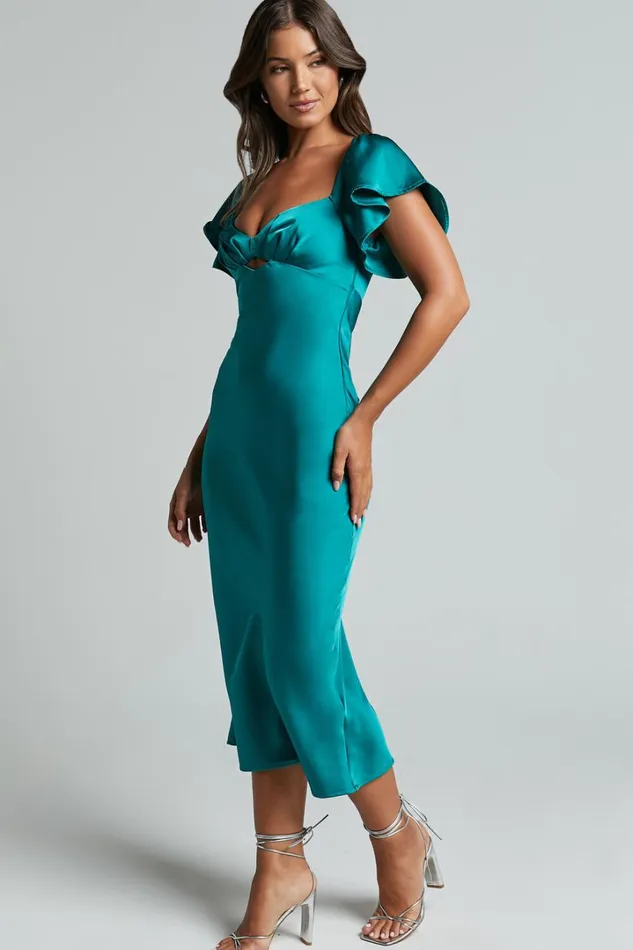 Emberlynn Midi Dress 8211 Flutter Sleeve Cut Out Satin Dress In Teal Women Showpo Dresses