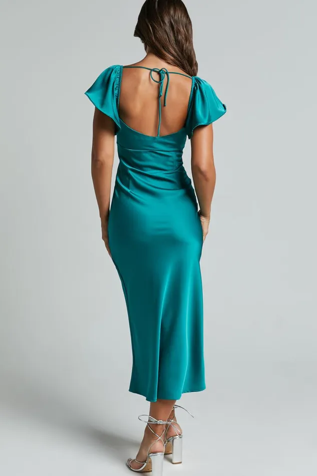 Emberlynn Midi Dress 8211 Flutter Sleeve Cut Out Satin Dress In Teal Women Showpo Dresses