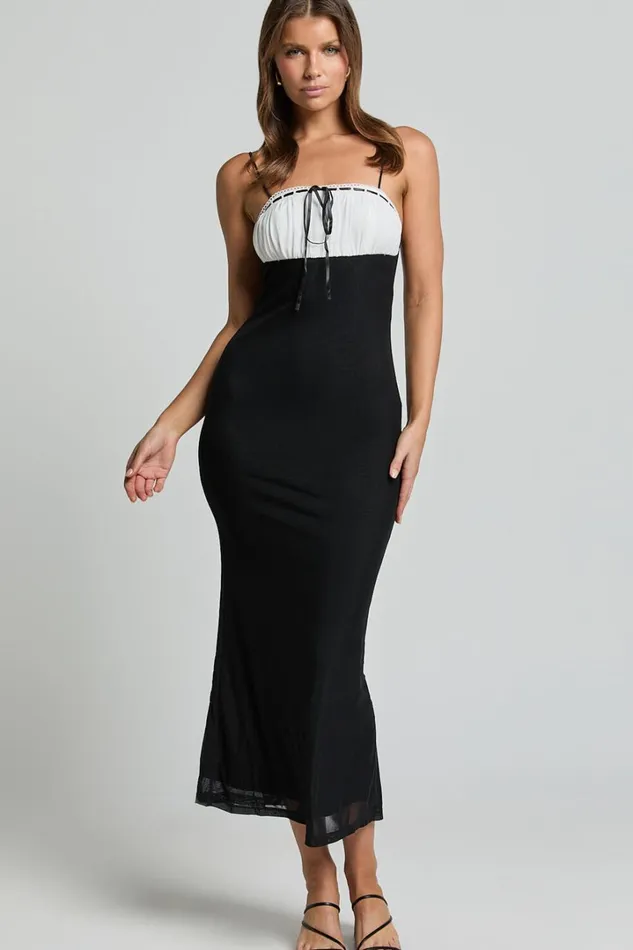 Emelia Midi Dress 8211 Strappy Straight Neck Ruched Bust Dress In Black Women Showpo Dresses