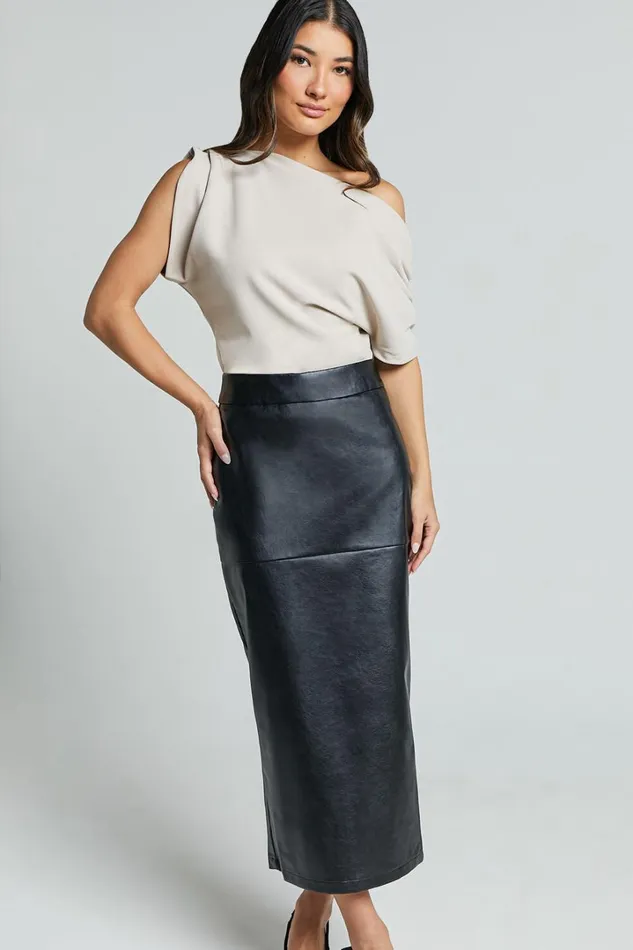 Emma Midi Skirt 8211 High Waisted Faux Leather Skirt In Black Women Showpo Suits and Tailoring