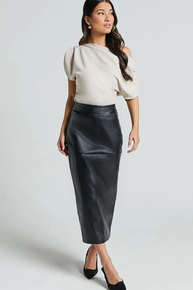 Emma Midi Skirt 8211 High Waisted Faux Leather Skirt In Black Women Showpo Suits and Tailoring