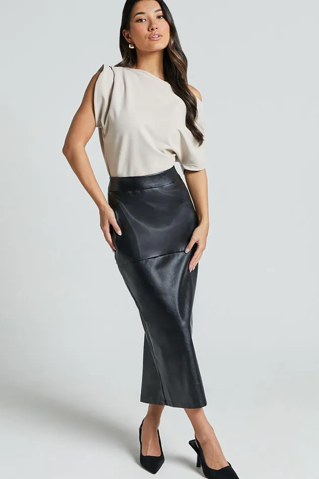 Emma Midi Skirt 8211 High Waisted Faux Leather Skirt In Black Women Showpo Suits and Tailoring