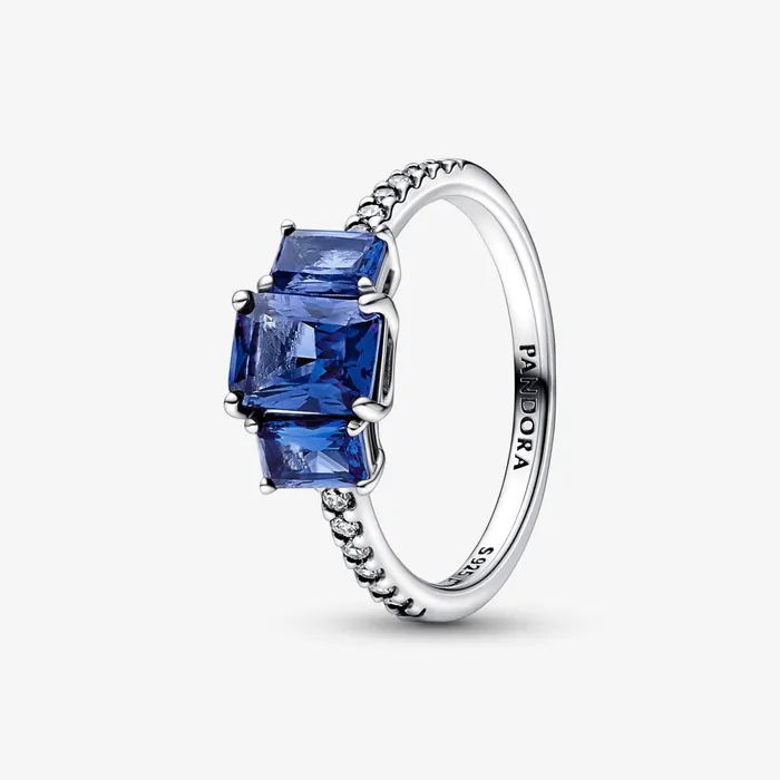 Engagement Rings Women Pandora Blue Rectangular Three Stone Sparkling Ring