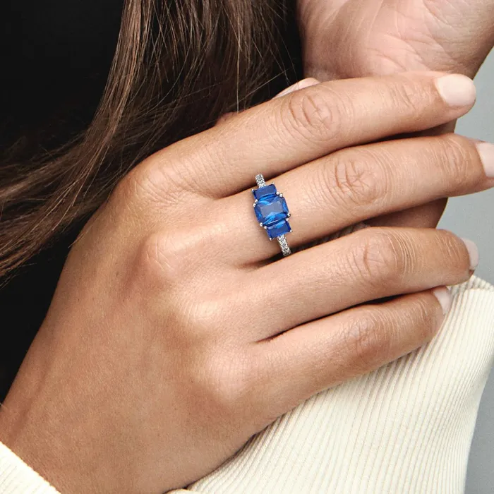 Engagement Rings Women Pandora Blue Rectangular Three Stone Sparkling Ring