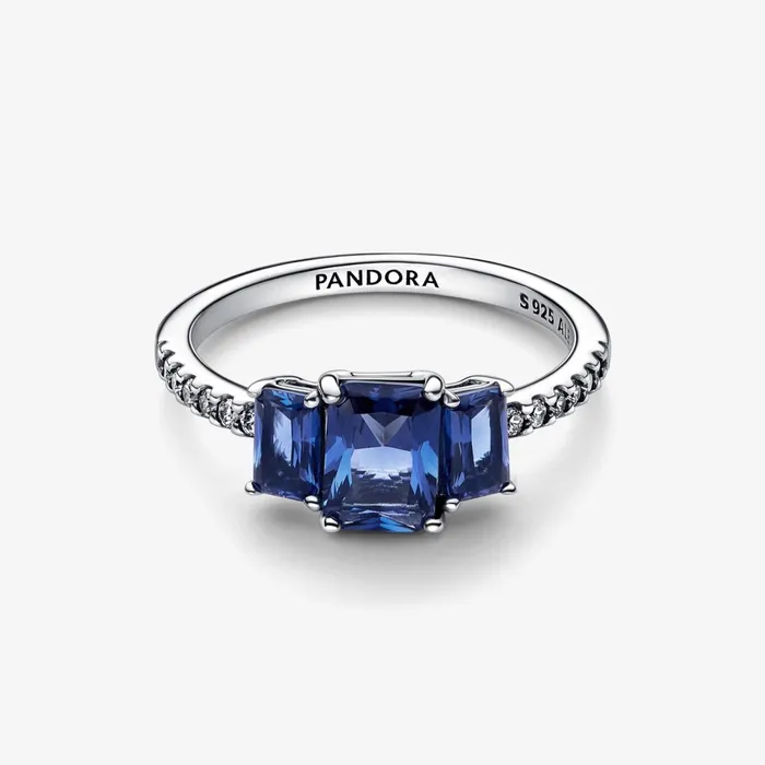 Engagement Rings Women Pandora Blue Rectangular Three Stone Sparkling Ring