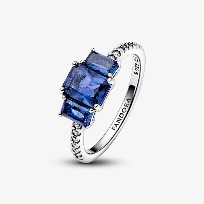 Engagement Rings Women Pandora Blue Rectangular Three Stone Sparkling Ring