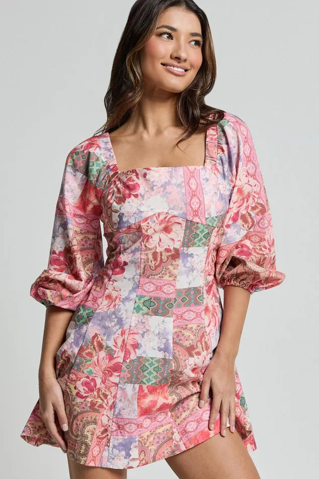 Enya Mini Dress 8211 Puff Sleeve Empire Waist Dress In Floral Mosaic Print Women Showpo Dresses