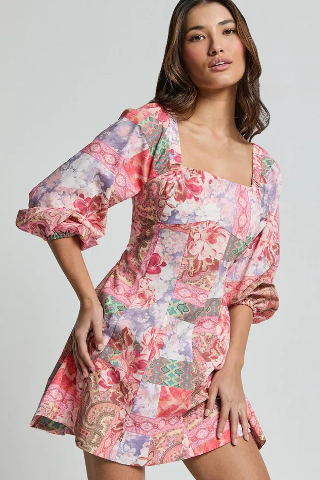 Enya Mini Dress 8211 Puff Sleeve Empire Waist Dress In Floral Mosaic Print Women Showpo Dresses