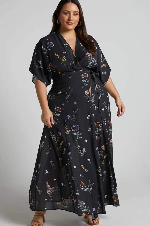 Erenza Maxi Dress 8211 Extended Sleeve Wrap Dress In Black Flower Field Women Showpo Curve Clothes
