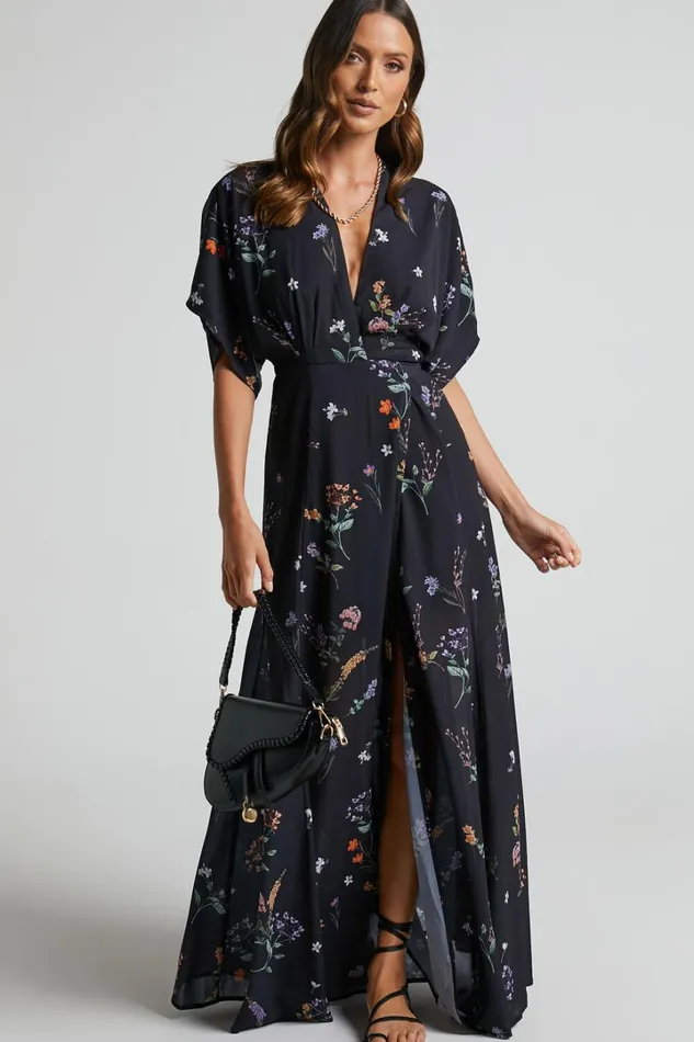 Erenza Maxi Dress 8211 Extended Sleeve Wrap Dress In Black Flower Field Women Showpo Curve Clothes