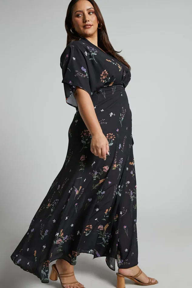 Erenza Maxi Dress 8211 Extended Sleeve Wrap Dress In Black Flower Field Women Showpo Curve Clothes