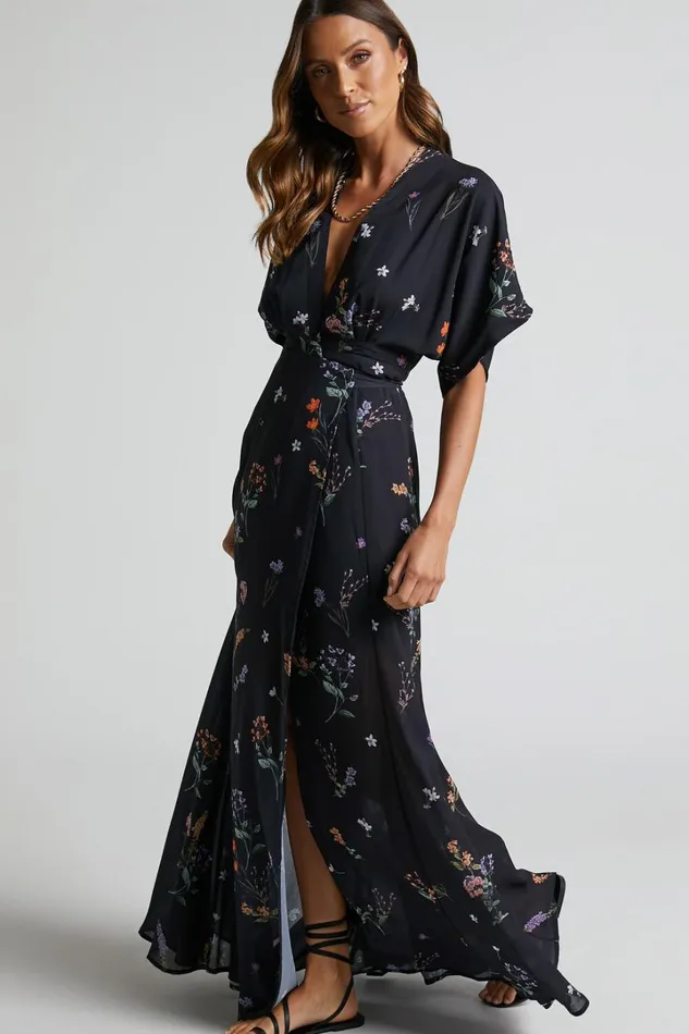 Erenza Maxi Dress 8211 Extended Sleeve Wrap Dress In Black Flower Field Women Showpo Curve Clothes