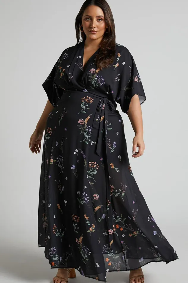 Erenza Maxi Dress 8211 Extended Sleeve Wrap Dress In Black Flower Field Women Showpo Curve Clothes