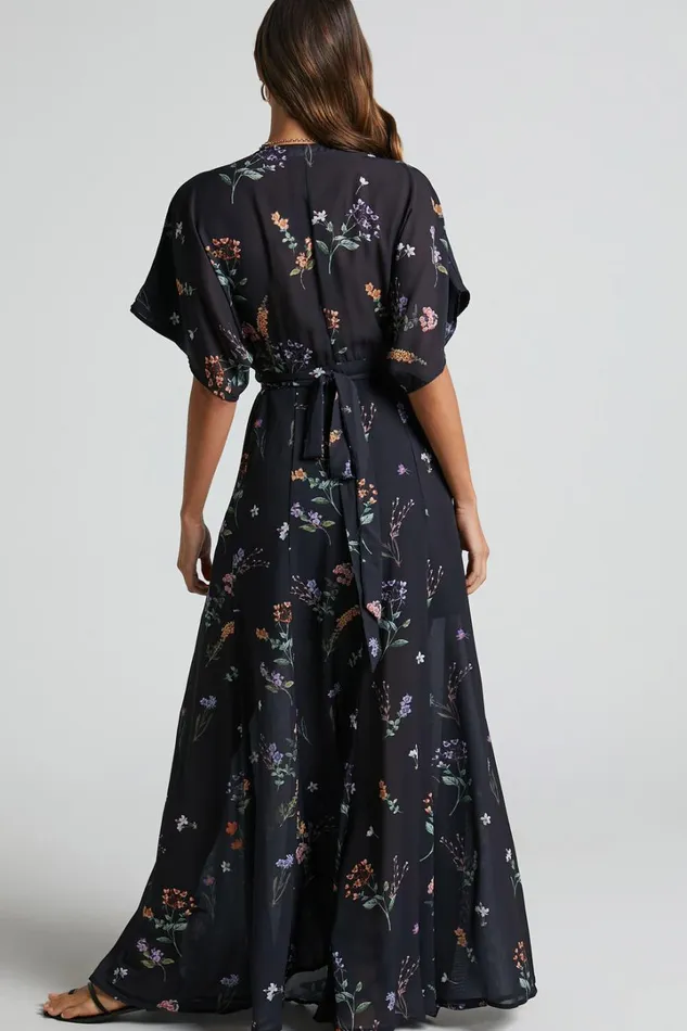 Erenza Maxi Dress 8211 Extended Sleeve Wrap Dress In Black Flower Field Women Showpo Curve Clothes