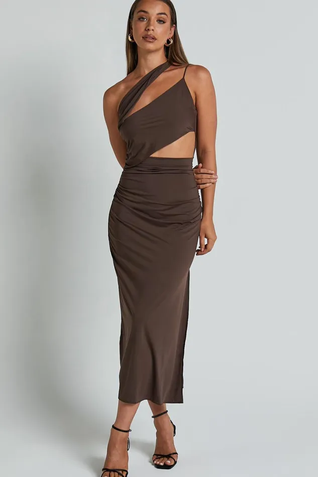Erizha Midi Dress 8211 One Shoulder Strappy Ruched Slip Dress In Chocolate Women Showpo Dresses Erizha Midi Dress 8211 One Shoulder Strappy Ruched Slip Dress In Chocolate Women Showpo Dresses