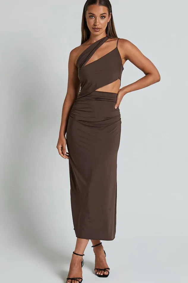 Erizha Midi Dress 8211 One Shoulder Strappy Ruched Slip Dress In Chocolate Women Showpo Dresses