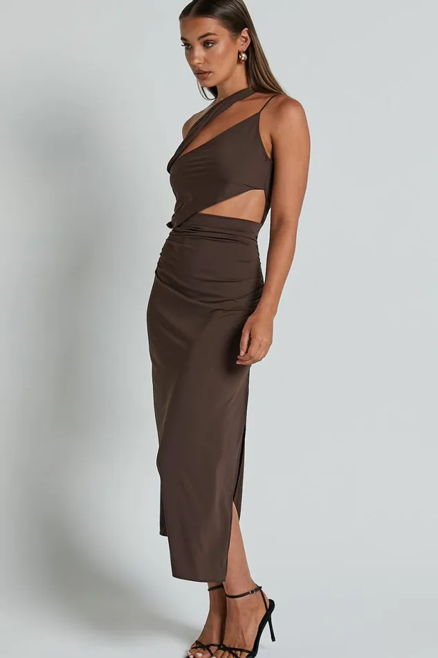 Erizha Midi Dress 8211 One Shoulder Strappy Ruched Slip Dress In Chocolate Women Showpo Dresses
