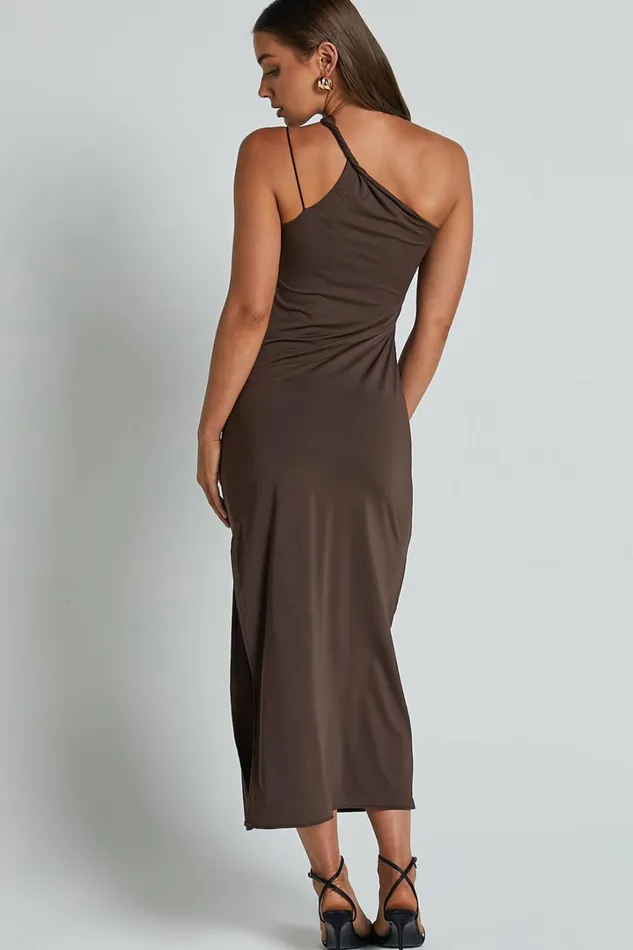 Erizha Midi Dress 8211 One Shoulder Strappy Ruched Slip Dress In Chocolate Women Showpo Dresses