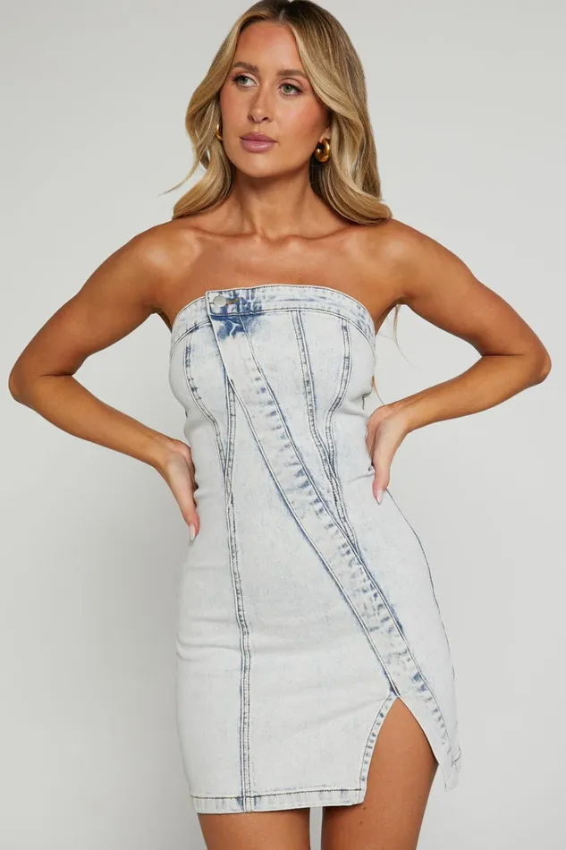 Erline Mini Dress 8211 Asymmetric Strapless Denim Dress In Acid Blue Wash Women Showpo Curve Clothes