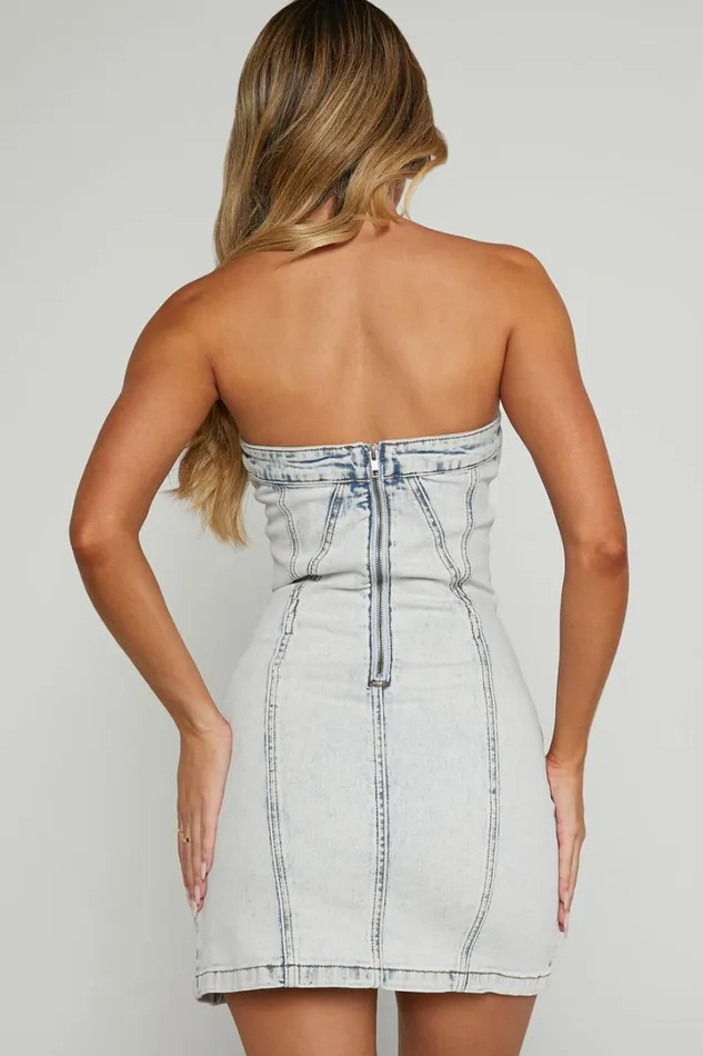 Erline Mini Dress 8211 Asymmetric Strapless Denim Dress In Acid Blue Wash Women Showpo Curve Clothes