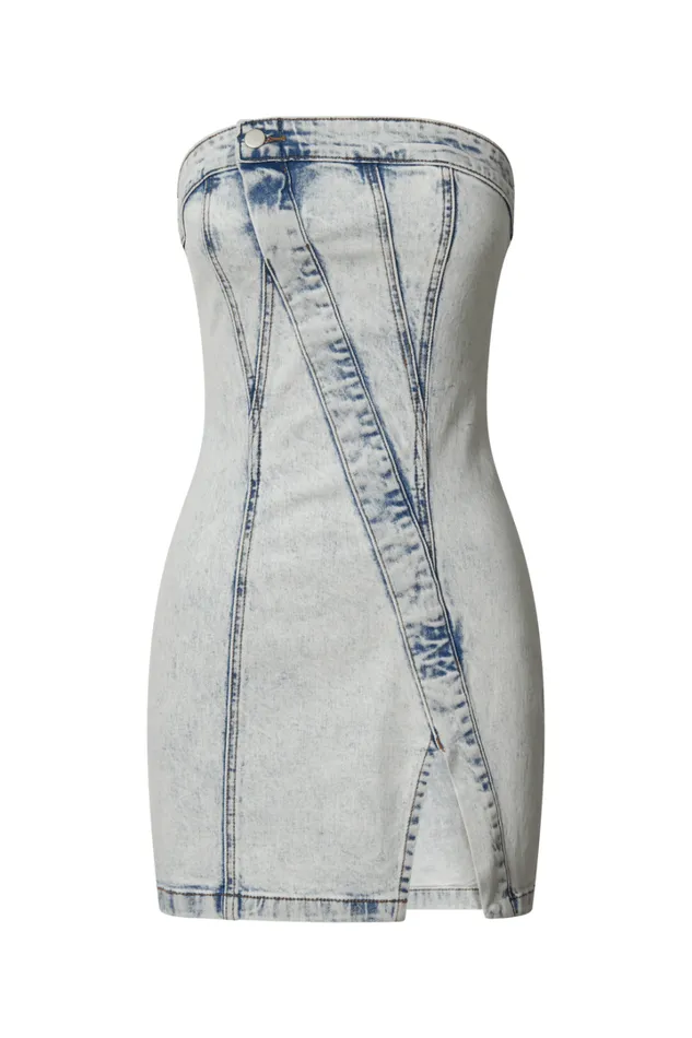 Erline Mini Dress 8211 Asymmetric Strapless Denim Dress In Acid Blue Wash Women Showpo Curve Clothes