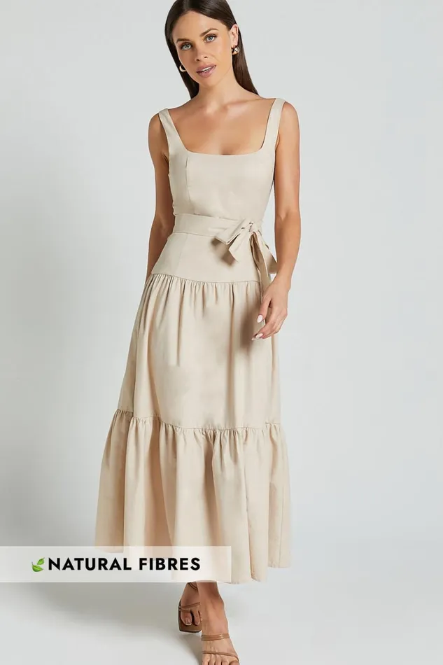Ezra Midi Dress 8211 Linen Look Tiered Tie Waist Dress In Stone Women Showpo Conscious