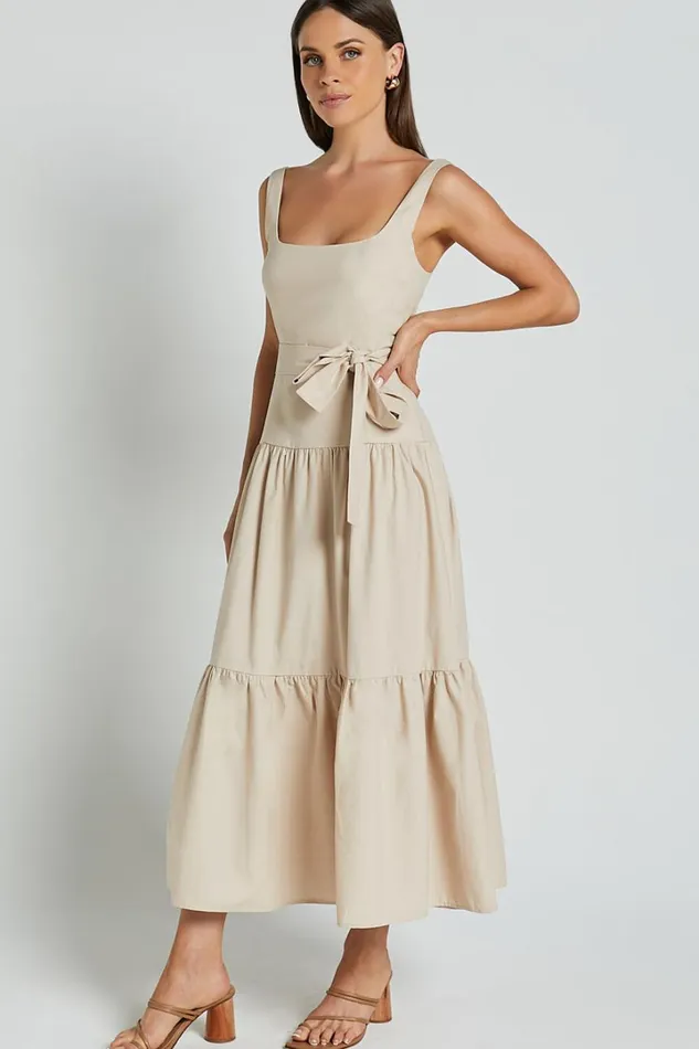 Ezra Midi Dress 8211 Linen Look Tiered Tie Waist Dress In Stone Women Showpo Conscious