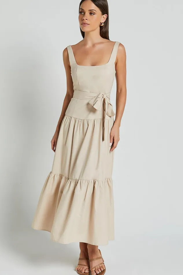 Ezra Midi Dress 8211 Linen Look Tiered Tie Waist Dress In Stone Women Showpo Conscious