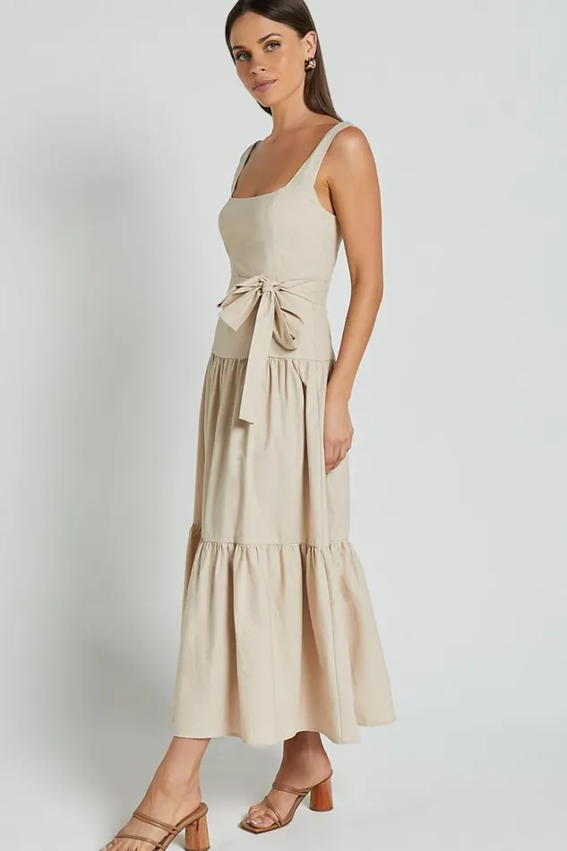 Ezra Midi Dress 8211 Linen Look Tiered Tie Waist Dress In Stone Women Showpo Conscious