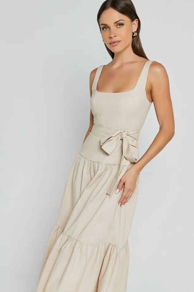Ezra Midi Dress 8211 Linen Look Tiered Tie Waist Dress In Stone Women Showpo Conscious