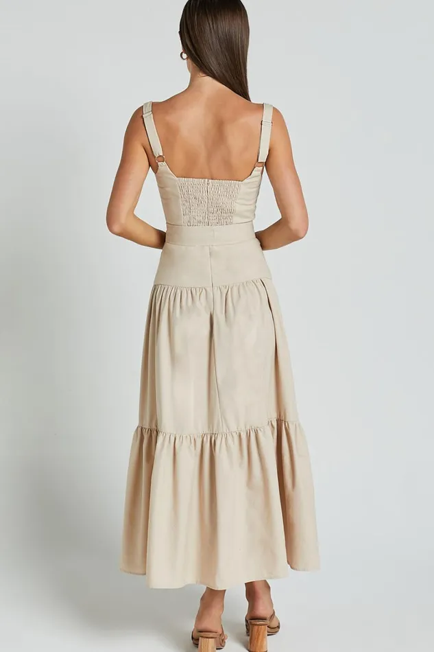 Ezra Midi Dress 8211 Linen Look Tiered Tie Waist Dress In Stone Women Showpo Conscious