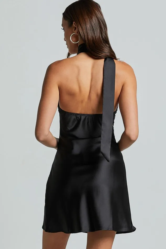 Fiona Mini Dress 8211 Asymmetric Tie Neck Slip Dress In Black Women Showpo Dresses