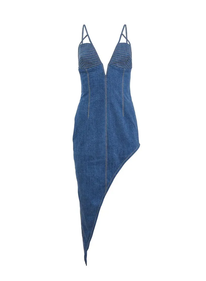 Fleur Du Mal Dresses Women Asymmetric Denim High Leg Dress Medium Wash Denim Fleur Du Mal Dresses Women Asymmetric Denim High Leg Dress Medium Wash Denim
