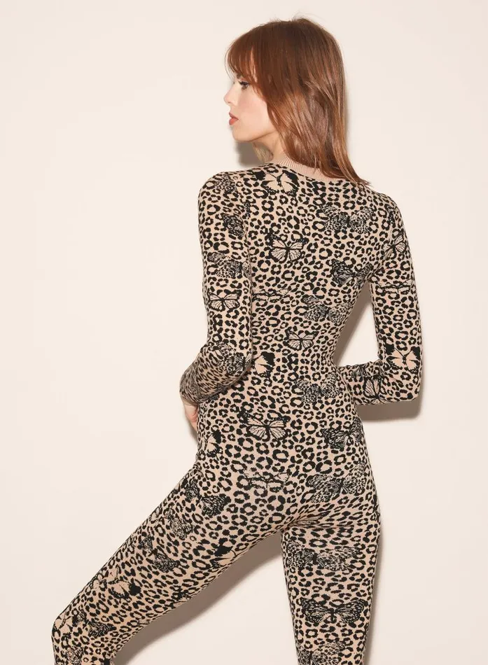 Fleur Du Mal Jumpsuits and Rompers Women Knit AprsSki Catsuit Tan Butterfly Jacquard Fleur Du Mal Jumpsuits and Rompers Women Knit AprsSki Catsuit Tan Butterfly Jacquard