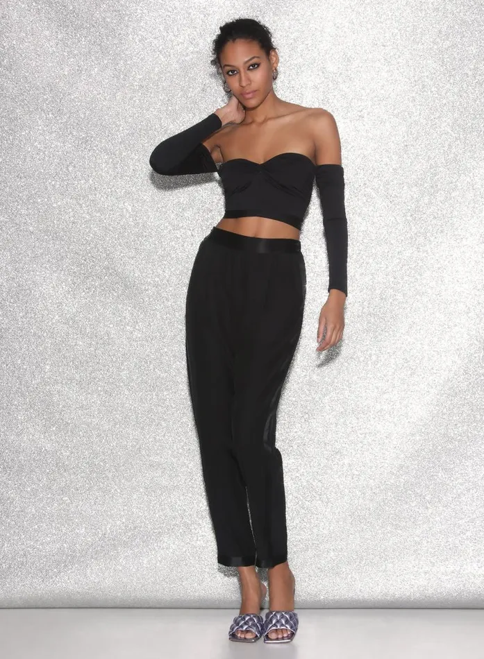 Fleur Du Mal Long Sleeve Women Jersey Draped Crop Top Black Fleur Du Mal Long Sleeve Women Jersey Draped Crop Top Black
