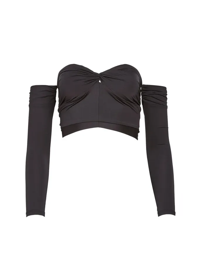 Fleur Du Mal Long Sleeve Women Jersey Draped Crop Top Black Fleur Du Mal Long Sleeve Women Jersey Draped Crop Top Black