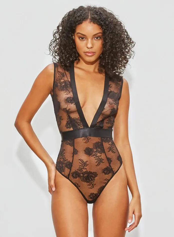 Fleur Du Mal Pleasure Women Bouquet Lace Deep V Bodysuit Black