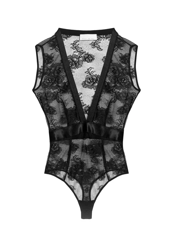Fleur Du Mal Pleasure Women Bouquet Lace Deep V Bodysuit Black Fleur Du Mal Pleasure Women Bouquet Lace Deep V Bodysuit Black