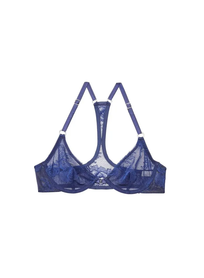 Fleur Du Mal Pleasure Women Bouquet Lace Racerback Demi Bra Midnight Navy Fleur Du Mal Pleasure Women Bouquet Lace Racerback Demi Bra Midnight Navy