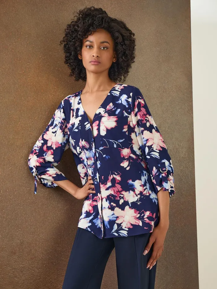 Floral ButtonFront Collarless Tunic Crepe De Chine Women Jones New York Tops and Blouses Floral ButtonFront Collarless Tunic Crepe De Chine Women Jones New York Tops and Blouses