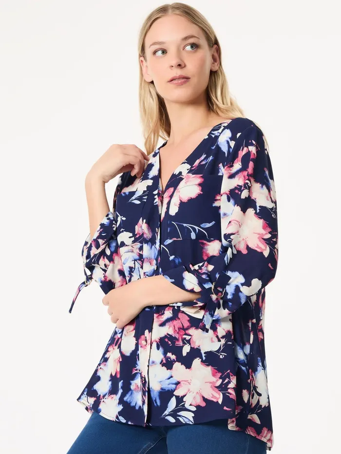 Floral ButtonFront Collarless Tunic Crepe De Chine Women Jones New York Tops and Blouses Floral ButtonFront Collarless Tunic Crepe De Chine Women Jones New York Tops and Blouses